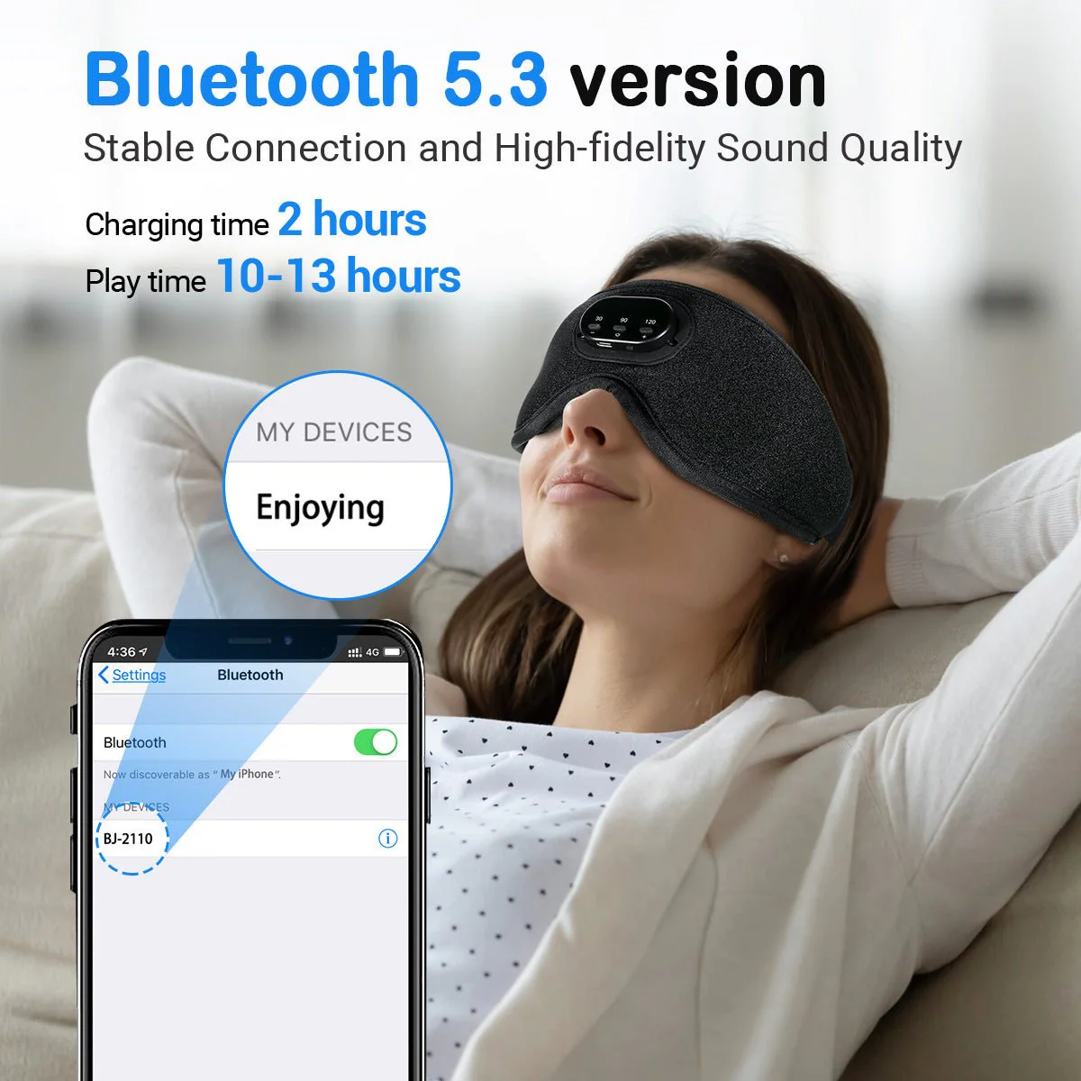 Masque de sommeil Bluetooth 3D blanc anti-bruit – Image 3